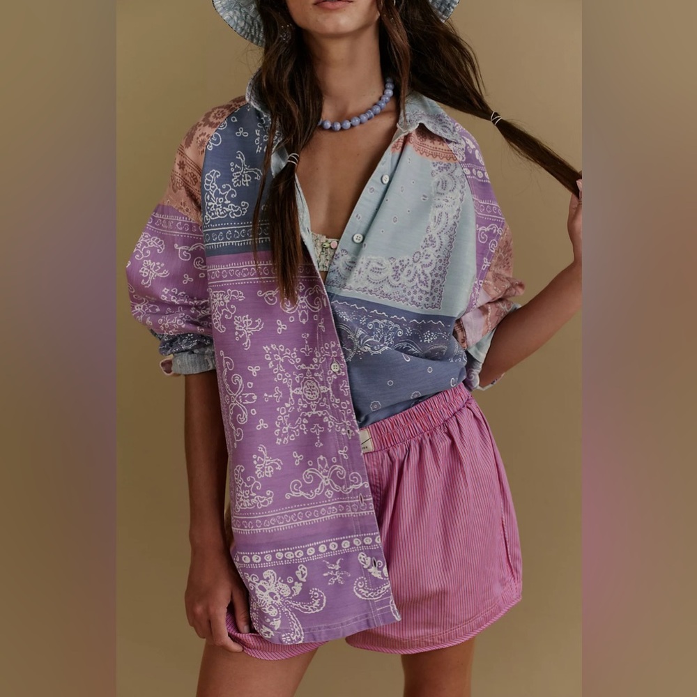 Free People Patchwork Bandana Button-Up in Lavender, Dusty Blue, Mint & Pink